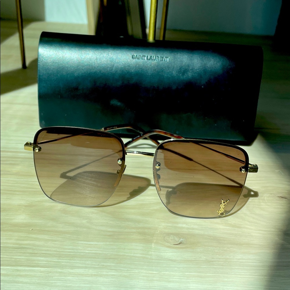 Saint Laurent Gold and Brown Square Sunglasses
